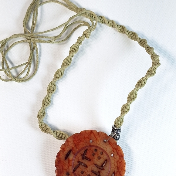 Macrame Cord Chinese Carved Red Stone Medallion Necklace - Picture 9 of 10